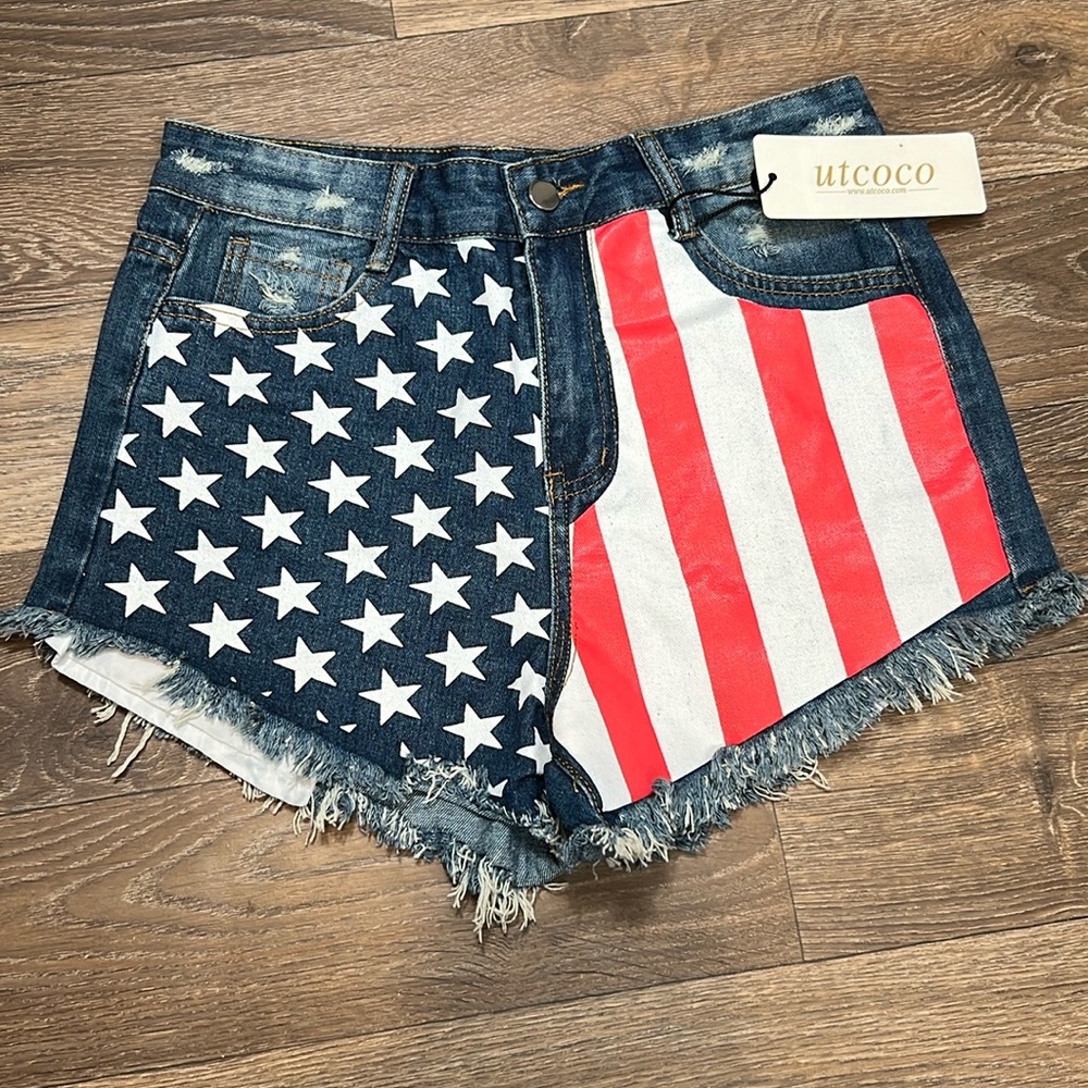 Women’s Distressed Shorts‎ Denim Cut Off USA Flag Accent ‘Merica Stars Stripes 8
